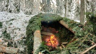 Bushcraft-überlebensunterkunft, Wintercamping Im Tiefschnee, Kochen Im Freien, Naturgeräusche