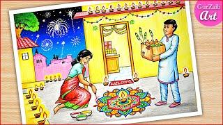 How to Draw Diwali Drawing / Indian festival poster / Diwali Scenery painting