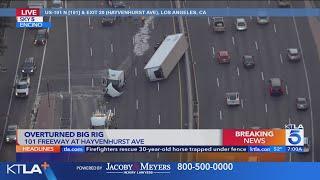 Big rig crash, fuel spill close WB 101 Fwy through Encino