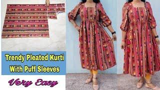 Trendy Pleated Kurti Design Cutting and Stitching ! Kurti Design! Puff Sleeves / Suit Cutting !!