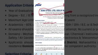 JSW STEEL hiring B tech and Diploma candidates #fresherhiring #jswsteel #jswjobupdate