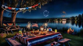 MEMORIAL DAY AMBIENCE-LAKESIDE PICNIC-SUMMER NIGHT-FIREWORKS-CAMPFIRE & SOFT LAKE SOUNDS-AMERICANA