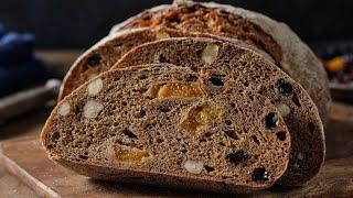 Dessert sourdough rye bread. Bread with dried fruits and nuts. Zemgale bread. Yeast-free bread