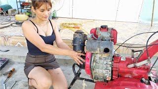 Genius girl repairs and maintains old TLP173 diesel tiller for farmers