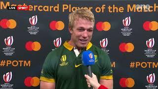 POTM Pieter Steph Du Toit reacts to Springboks Rugby World Cup win