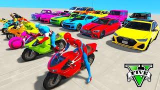 SPIDERMAN CARS Racing Challenge on MEGA Rampa ! SUPERHERO HULK Iron Man Goku BIKES JETSKI - GTA 5