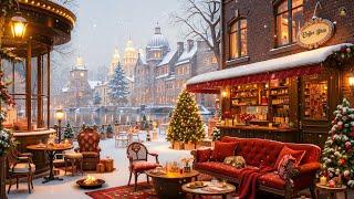 Snowy Winter Day at a Cozy Lakeside View Cafe Ambience ️Calm Piano Music & Warm Fireplace to Relax