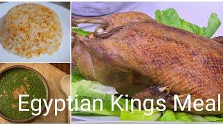 Egyptian kings food stuffed roasted duck, green molokhia and rice