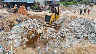 Impressive Action !! Huge Landfill by 5tons truck loading & D31P Bulldozer Push Soil and Clear trash