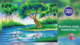 Marshland Painting with Oil Pastel / Landscape Scenery / Nature Painting #antaraartcafe