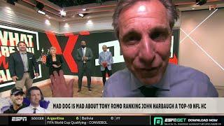 FIRST TAKE | Stephen A. "on fire" Mad Dog is mad about Tony Romo ranking Harbaugh a Top-10 NFL HC