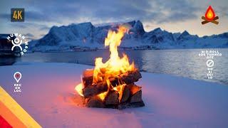 12 HOURS of  LOFOTEN winter landscape CAMPFIRE, with sounds of crackling firewood and ocean waves