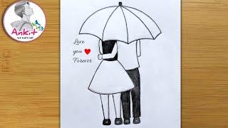 Romantic Couple With Umbrella Drawing Pencil Sketch / Love Couple Drawing/ Valentines Day Drawing