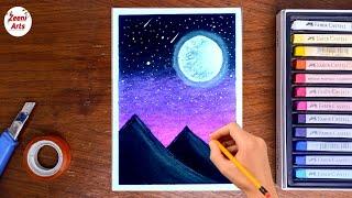 Easy drawing for beginners step by step | moon over mountains with soft pastels | zeeni Arts