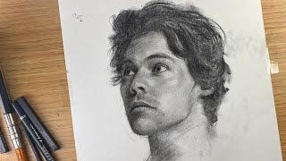 Drawing a portrait with skillful pencil technique ( charcoal )