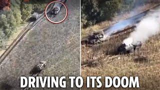 Insane moment Russian armoured carrier drives straight up to Ukrainian tank - and is blown to bits