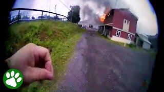Brave police officer runs into burning barn to save horse