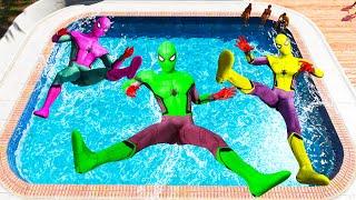 GTA 5 Rainbow Green Vs Pink & Yellow  Spiderman Jumping Into Pool (Euphoria Physics/Ragdolls) #1