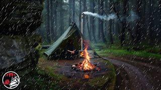 Solo Camping in the Rain with a Wood Stove and a Cosy Shelter - ASMR Camping Adventure