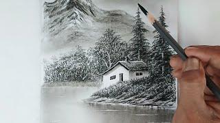 Pencil drawing of a landscape with towering peaks,various trees, and an old house near a water lake.