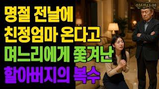 명절 전날에 친정엄마 온다고 며느리에게 쫓겨난 할아버지의 복수 단 하루 만에 며느리가 무릎 꿇게 된 이유 노년의 삶의 지혜 행복한 노후생활 부모자식갈등 사연 이야기 오디오북