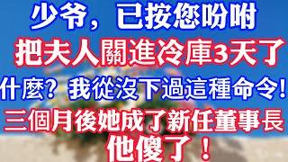 「少爷，已按您吩咐，把夫人關進冷庫3天了」「什麼？我從沒下過這種命令！」等他趕到時，冷庫只剩一封離婚信，三個月後她成了新任董事長，他傻了！
