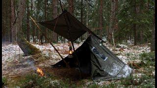 WINTER BUSHCRAFT 3 DAYS TRIP - Snow, Rain, Hail, High Winds, Solo Wild Camping in Lavvu Poncho