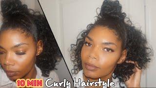 Easy 10 Min Bun x Half Down Curly HairStyle Using A Half Wig!