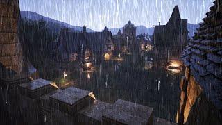 Heavy rain falls in a fantasy medieval village