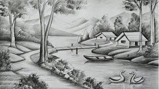 how to draw easy pencil sketch scenery,landscape pahar and river side scenery drawing,