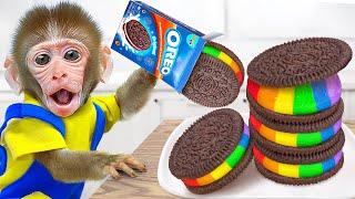 KiKi Monkey decorate Rainbow Oreo Chocolate Cake by Sweet M&M Candy | KUDO ANIMAL KIKI