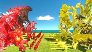 Team Red + Thermo Godzilla vs King Ghidorah + Team Yellow - Animal Revolt Battle Simulator