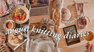 august stitched away… (knitting vlog) 🪻 girls knit night, first colorwork socks, cardigan cast on!