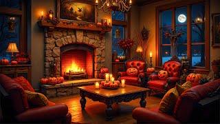 Cozy Autumn Halloween Ambience - Gentle Jazz Melodies & Fireplace Sounds for Unwind, Stress Relief 