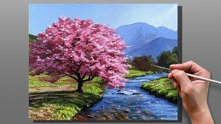 How to Paint Cherry Blossom Stream / Acrylic Painting