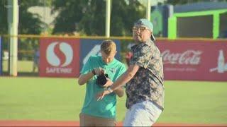 KGW Sports Anchor Orlando Sanchez tosses 1st pitch at Hops game