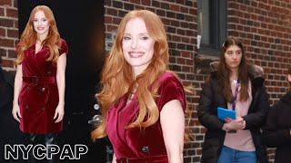 Jessica Chastain poses outside the Stephen Colbert show in New York City