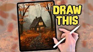 PROCREATE Landscape DRAWING Tutorial in EASY steps - Fall Autumn woods Cottage