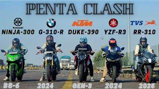 2025 APACHE RR-310 vs DUKE 390 GEN-3 vs NINJA 300 BS6 vs 2024 YAMAHA R3 vs BMW G310R  | DRAG RACE