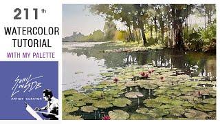 how to draw a watercolor landscape painting | water lilly pond | village scene | Sunil Linus De