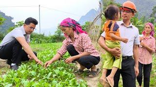 Mother and daughter are happy when the man cares and visits after a hard day's work