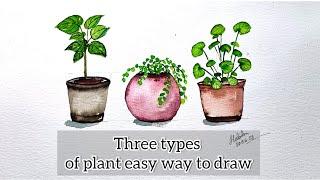 How to paint different types of simple plant | Three types of plant watercolour painting tutorial