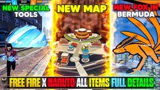 FREE FIRE X NARUTO ALL ITEMS FULL DETAILS | FREE FIRE NEW MAP 2025 | FF X NARUTO NEW TOOLS/  WEAPONS