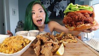 CHEAT MEAL! Vegan MUKBANG Mac & Cheese, Calamari, Burger, Carrot Cake / Munching Mondays Ep.86