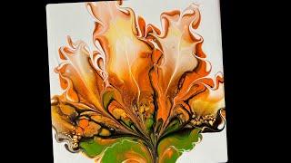 (1587) Curly Orange Simplistic Bloom Technique, Acrylic Paint Pouring