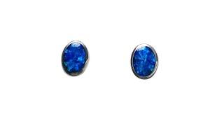 Blue Opal Stud Earrings 18k White Gold Ovals - 8485 | FlashOpal