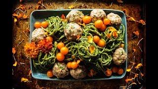 Spinach Walnut Pesto Pasta with Turkey Meatballs (gluten-free and dairy-free)