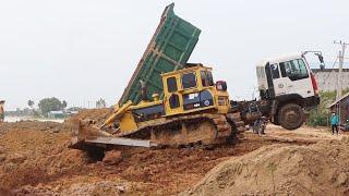 Amazing Bulldozer Pushing Dirt Filling Land with Incredible Unloading Dirt Dump Truck Best at Work