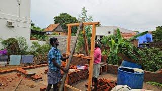 Brickwork Construction_Living Room Entrance Wood Door Design Frame Install with Brickwall Work