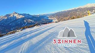 Skiing 3 Zinnen Dolomites - long red piste 16/13 6km long 1075 descent. Fine ski resort north Italy